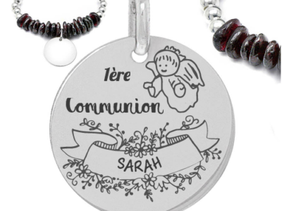 1ere communion prénom 400x300 - Cadeaux personnalisés : Bracelet boules d'argent et pierres 1ère communion (prénom)