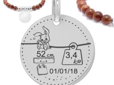 caractéristique bébé lapin 400x300 - Cadeaux personnalisés : Bracelet marron boules argent-Lapin poids/taille/prénom/date bébé